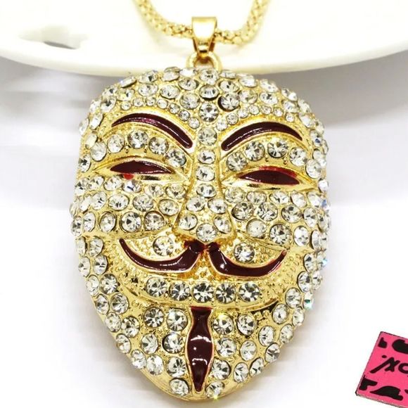 Hot Gold Enamel Smile Mask Avengers Crystal Pendant Necklace NWOT - Picture 1 of 3